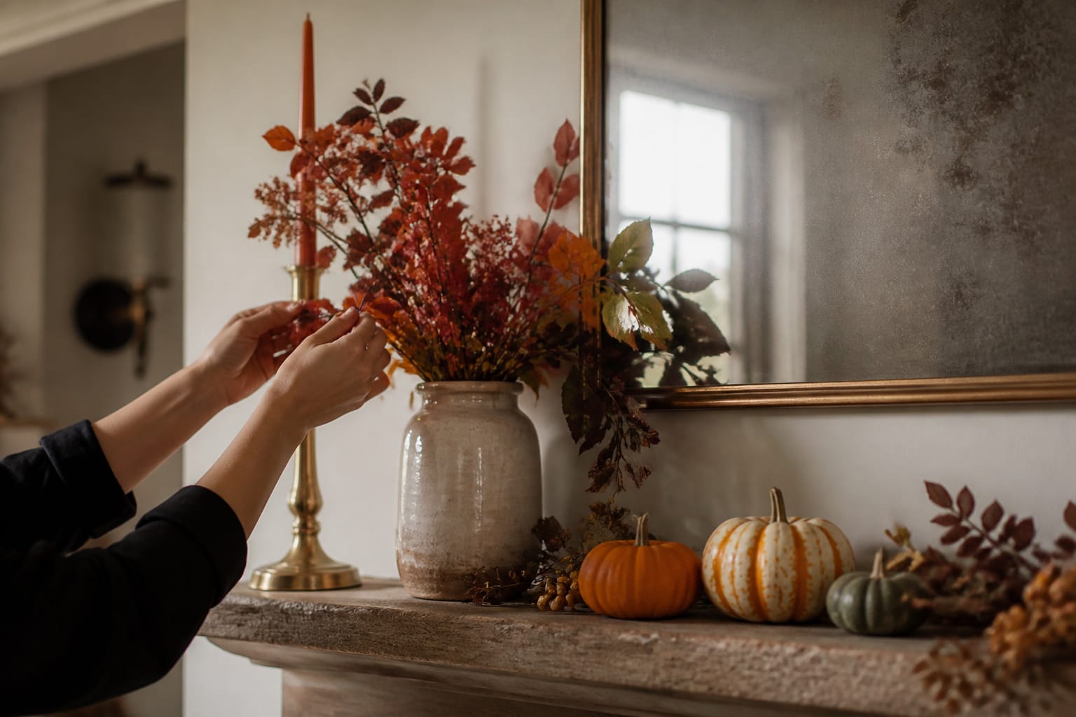 Florist arranging staggered-height candlesticks and pumpkins on a fall mantel shelf