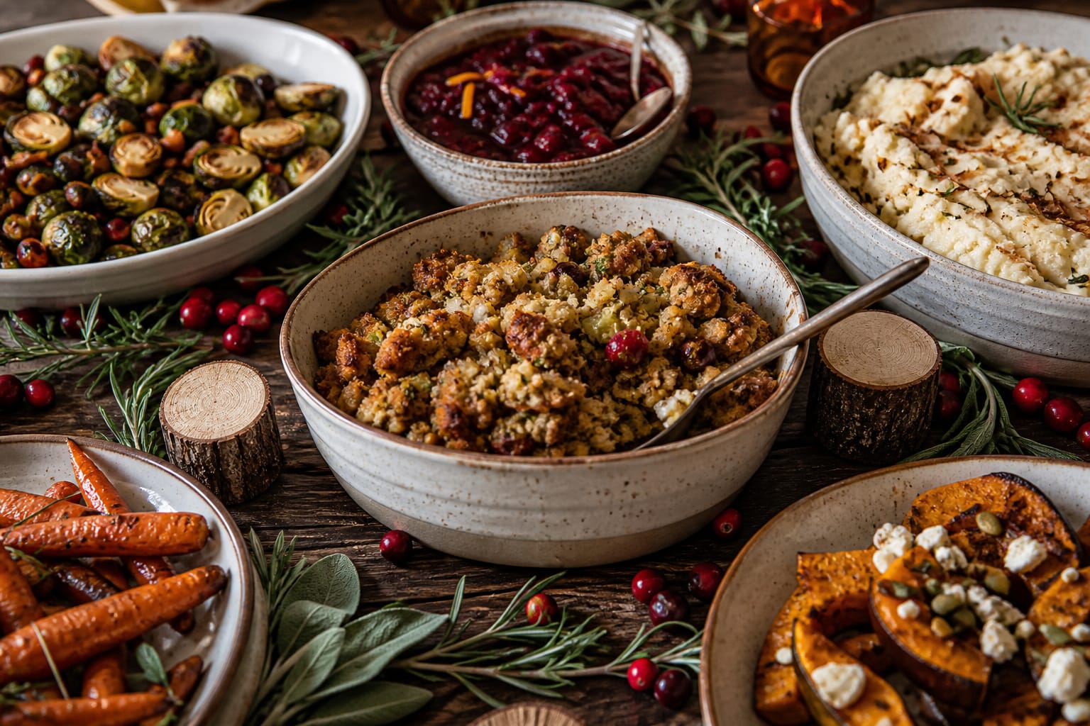 Fall dinner party serving dishes styled with herb sprigs, cranberries, and wood slice place cards