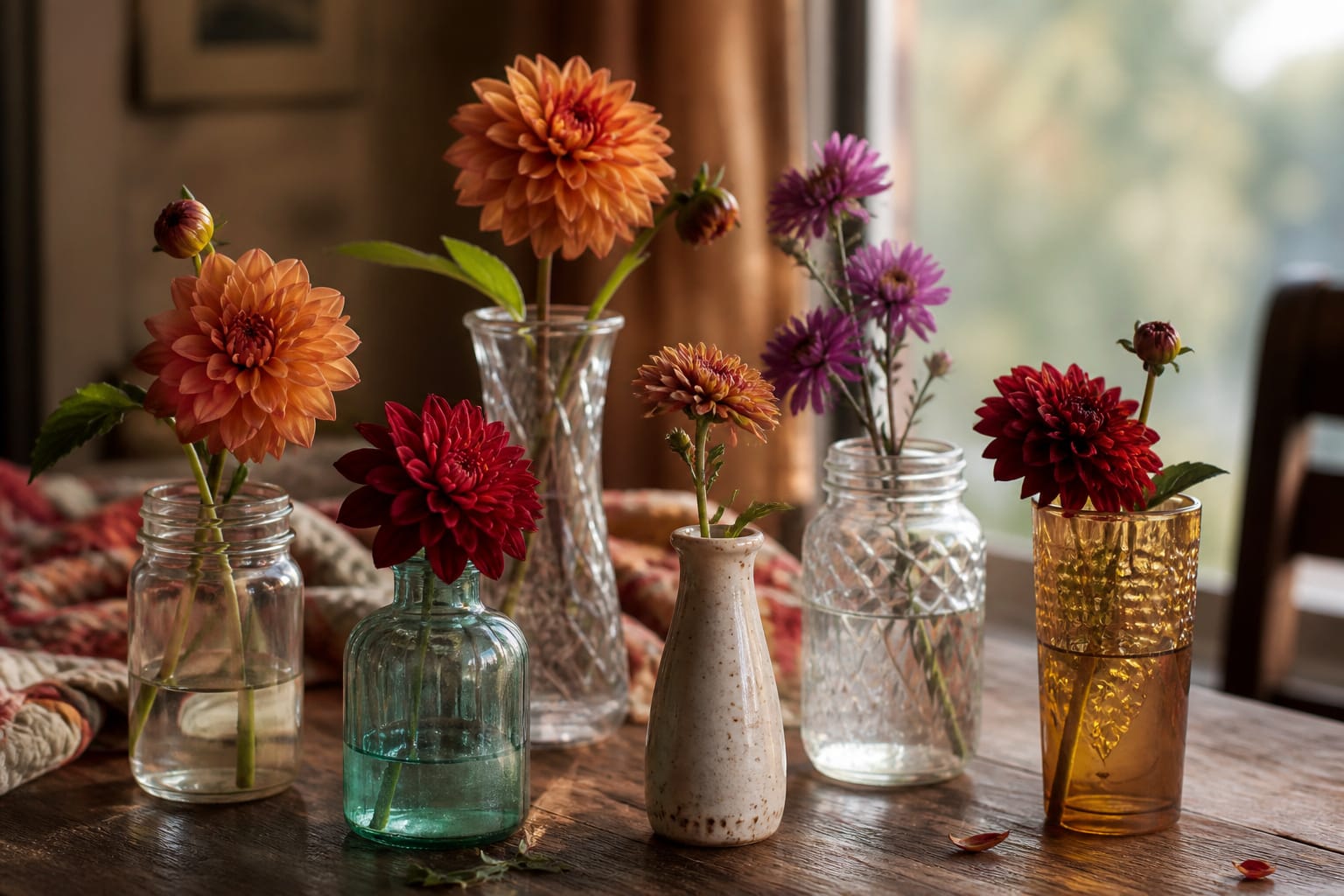 Cluster of mismatched vases and jars each holding a few fall flower stems