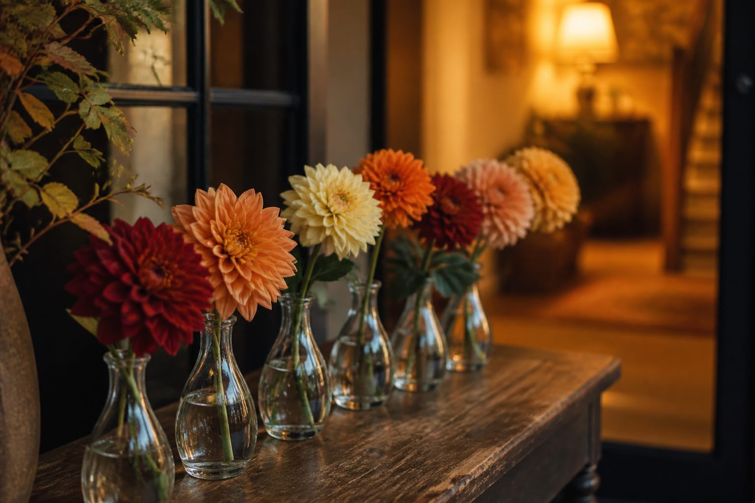 Mini bud vase party favors with single fall flower stems by the door