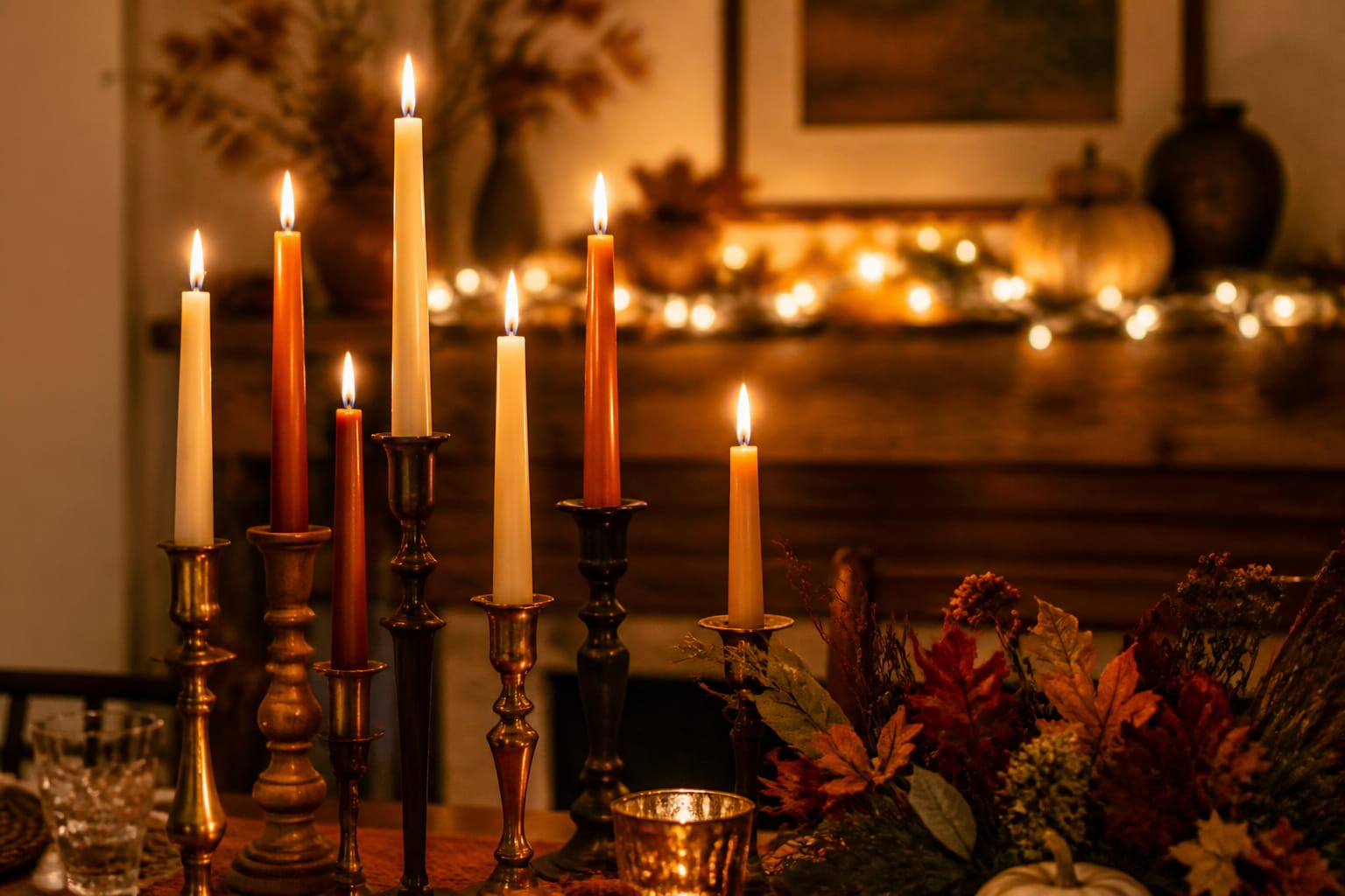 Mismatched candlesticks and warm string lights setting the mood for a fall dinner party