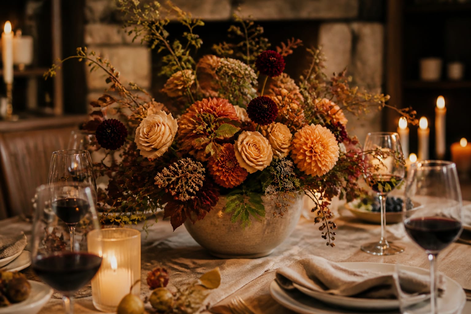 Finished rustic fall floral centerpiece styled on a table set for home entertaining