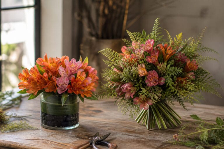 Two alstroemeria arrangements on a florist's worktable, a stone-filled vase centerpiece and a hand-tied spiral bouquet