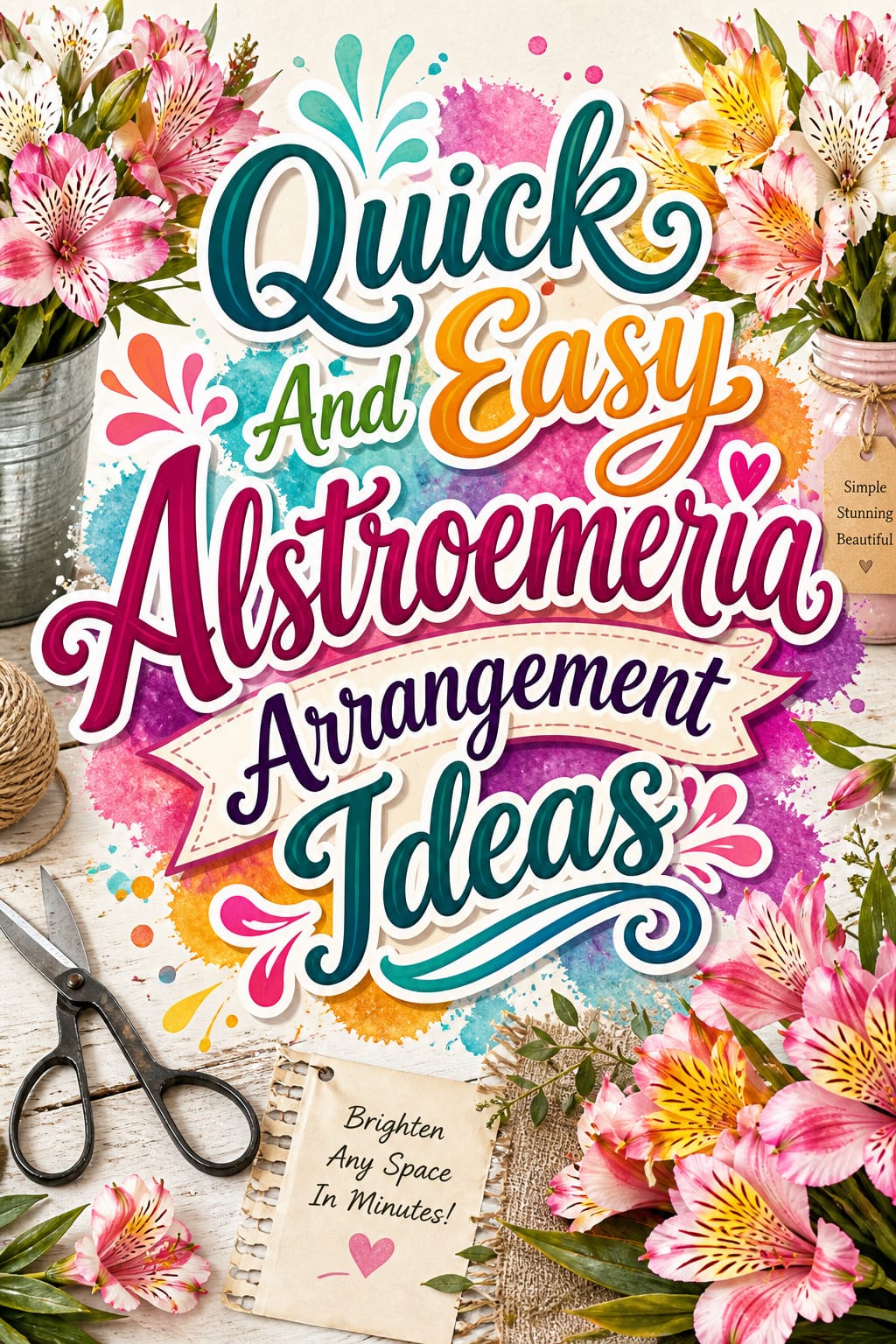 Pinterest graphic for Quick and Easy Alstroemeria Arrangement Ideas featuring a hand-tied spiral bouquet