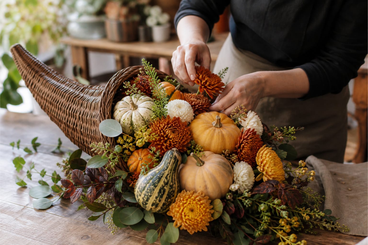 Chrysanthemum blooms being tucked into the finished cornucopia arrangement