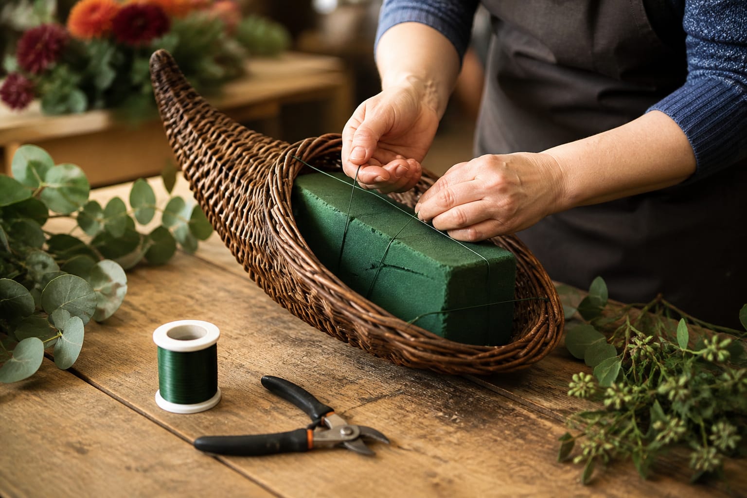 Wiring pre-soaked floral foam into a cornucopia basket on a wooden worktable