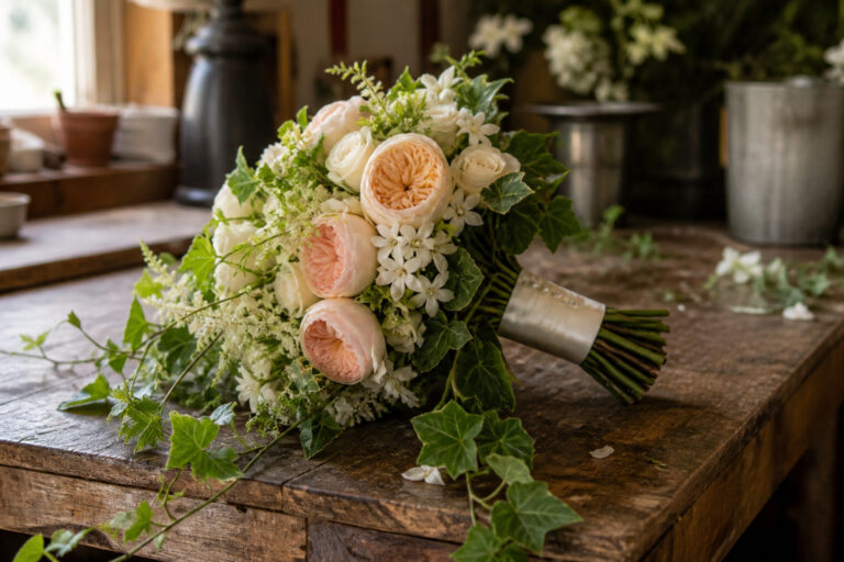 Vintage-style cascading bridal bouquet of garden roses and stephanotis wrapped in ivory ribbon