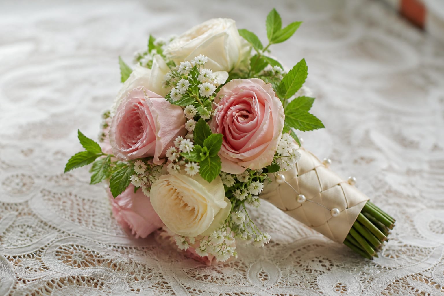 1950s hand-tied nosegay bouquet of pink and ivory garden roses wrapped in ivory ribbon