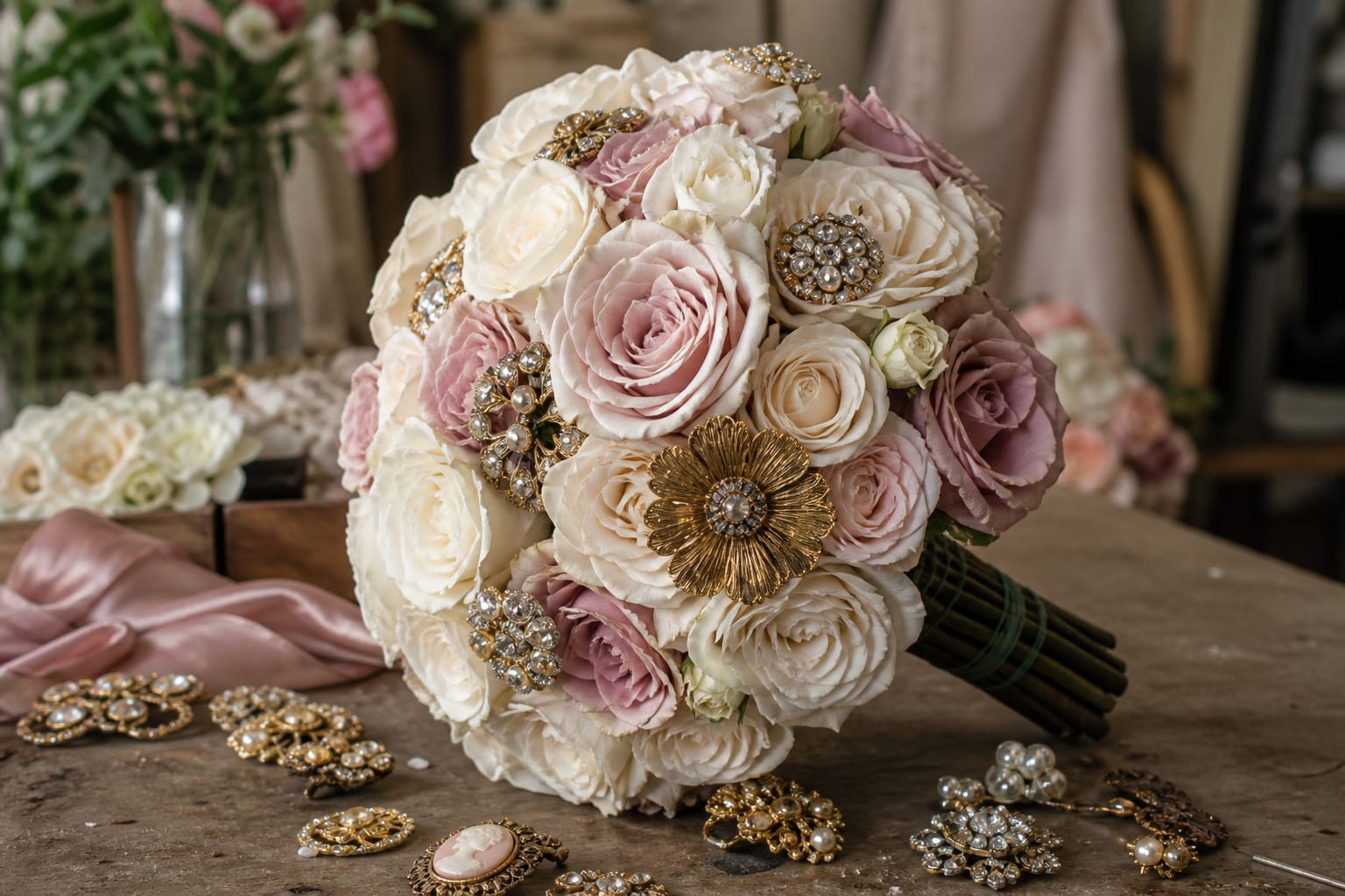 Silk flower bridal bouquet with antique brooches pinned among the blooms