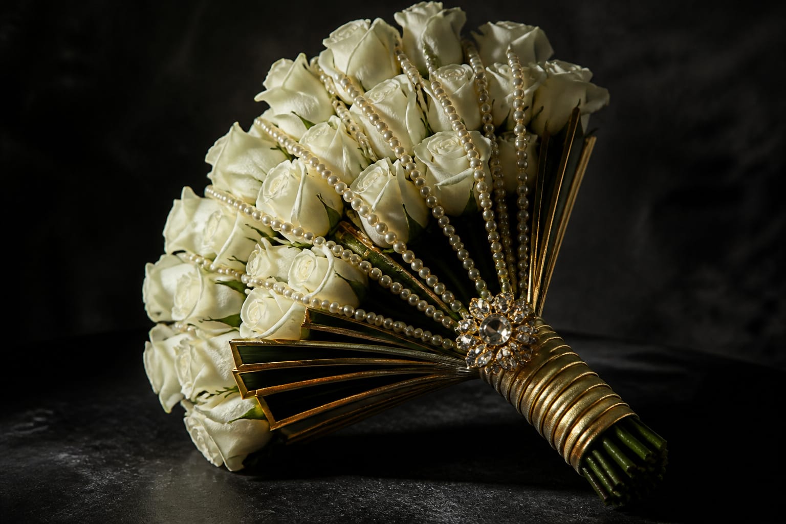 Art Deco bridal bouquet of white roses and pearl strands in a structured fan shape