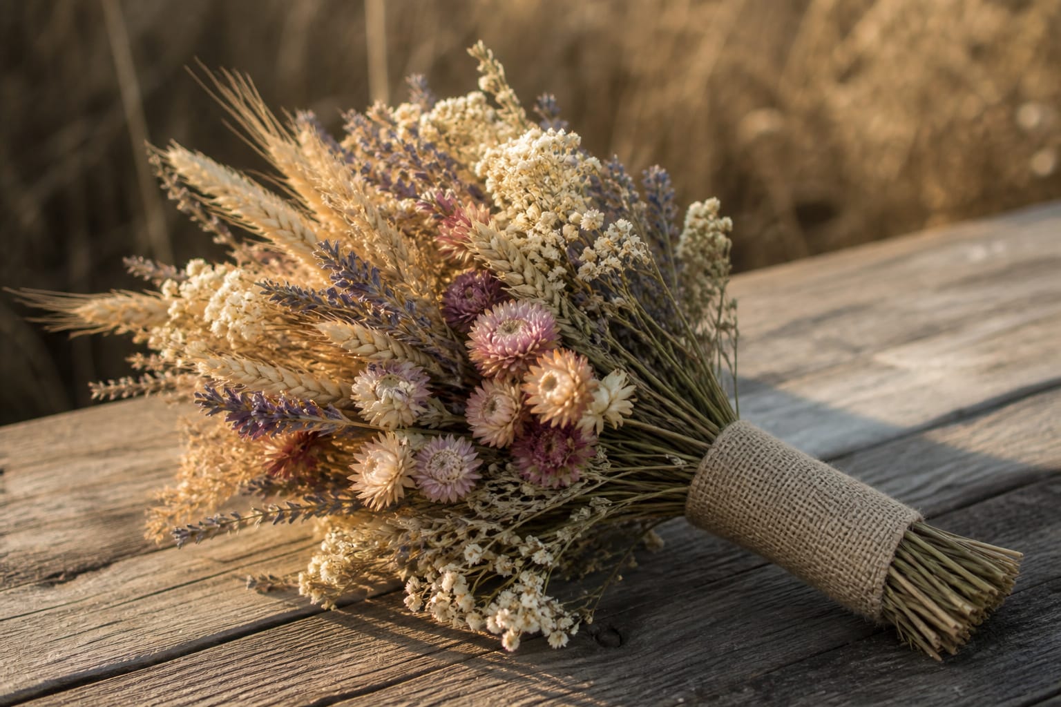Dried flower wedding bouquet with wheat stalks, lavender, and strawflowers wrapped in burlap