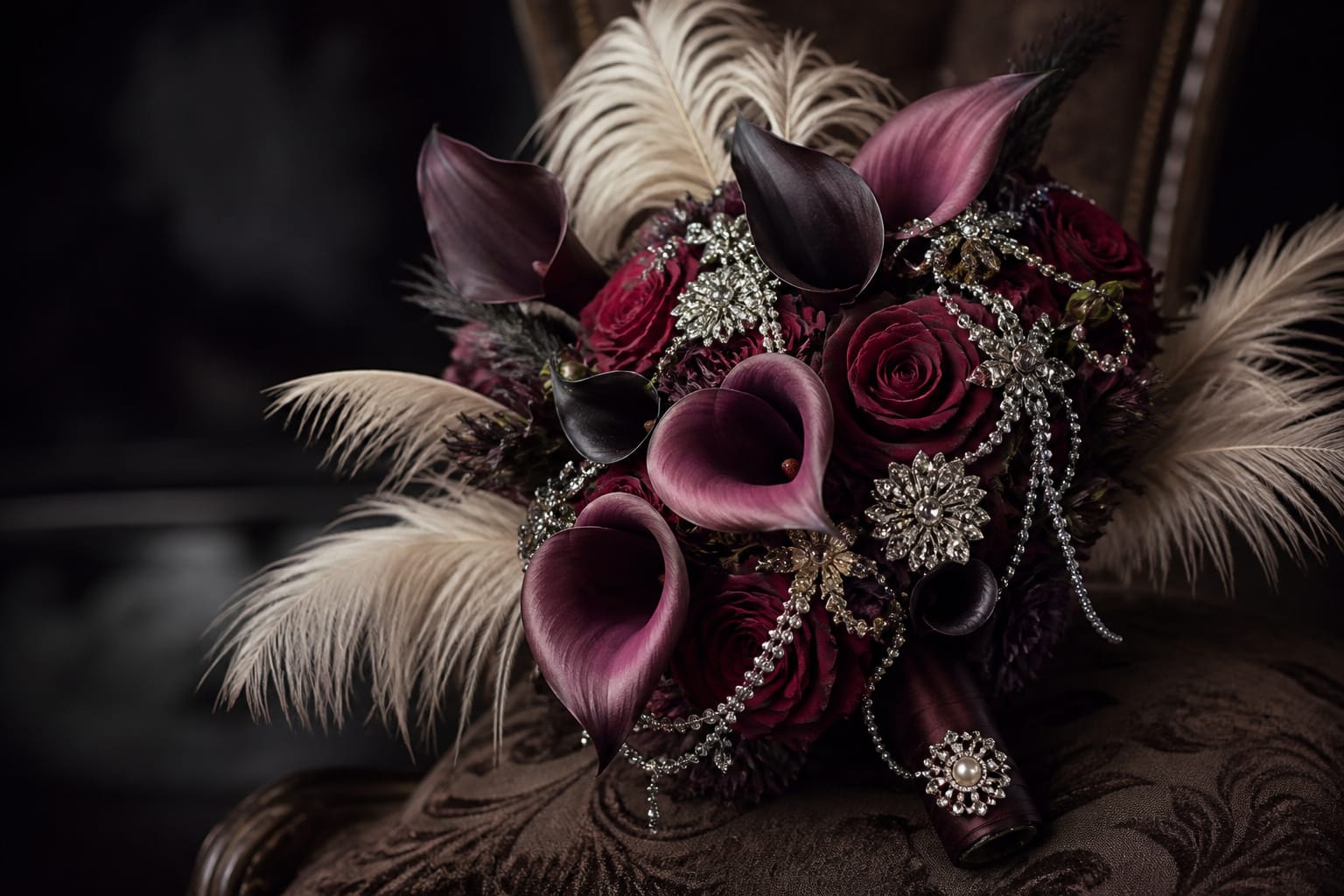 Jazz Age bridal bouquet with calla lilies, ostrich feathers, and crystal brooches