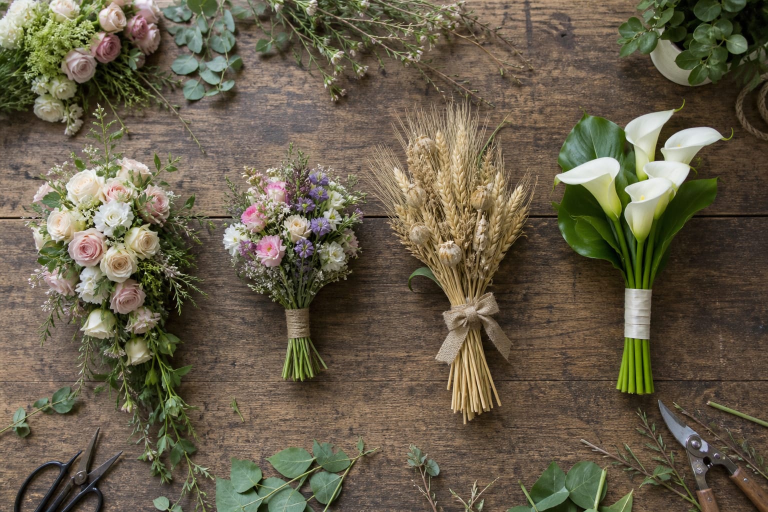 Overhead comparison of four vintage wedding bouquet styles arranged side by side on a worktable