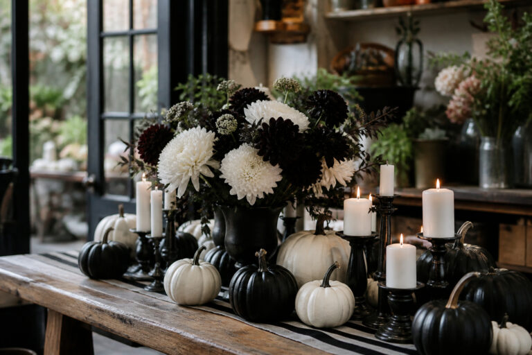 Black and white Halloween floral display with painted pumpkins and monochrome flowers