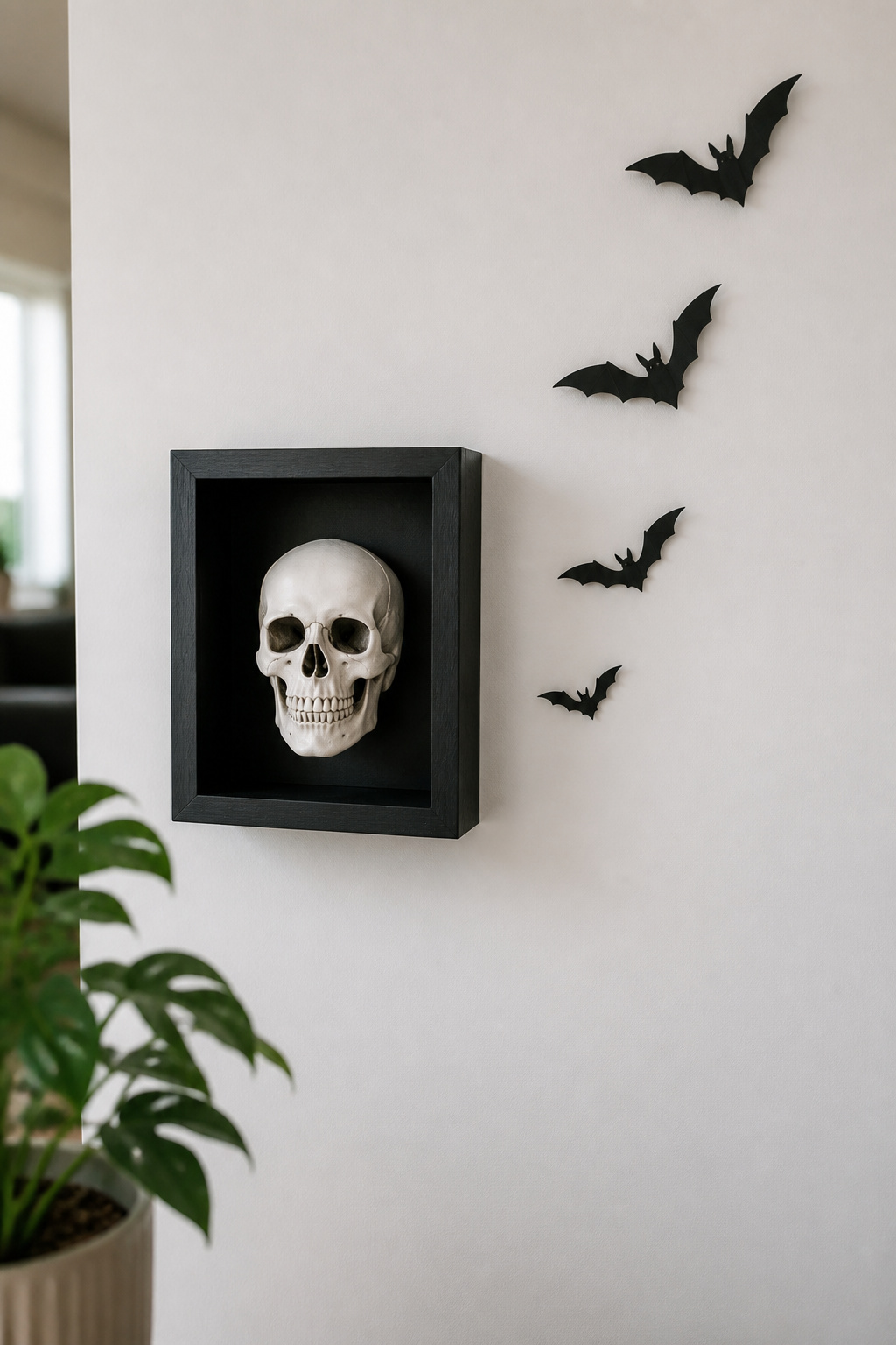 White skull in a black shadow box mounted on a white wall