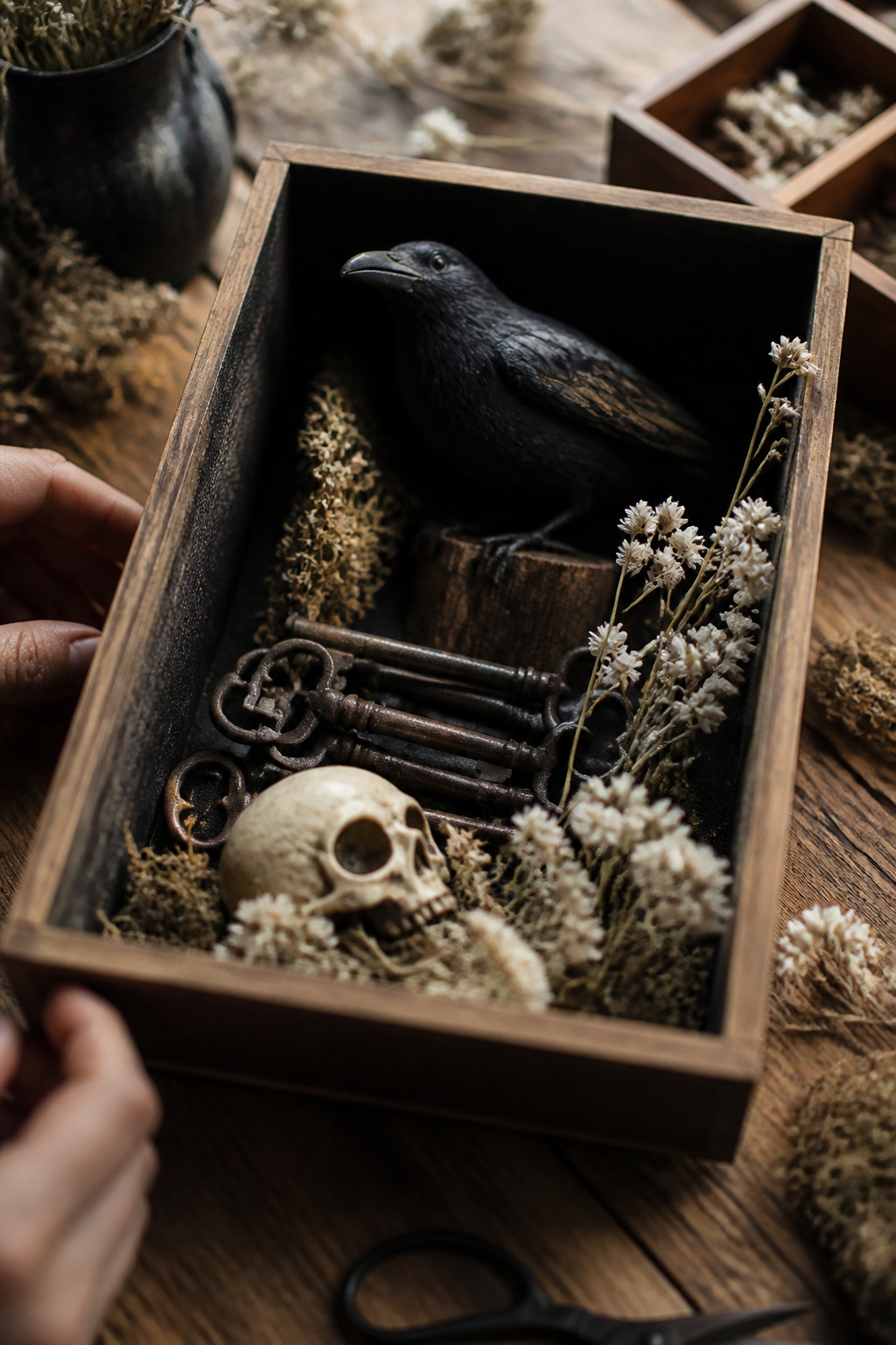 Layered shadow box with ravens, keys, and dried flowers in black and white tones