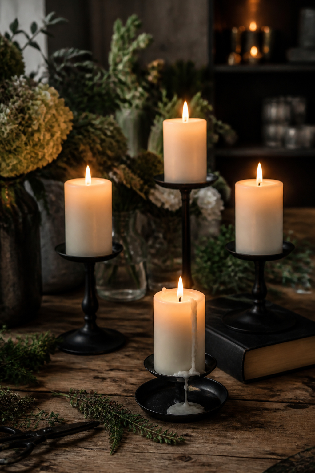 White pillar candles on black iron holders at varying heights