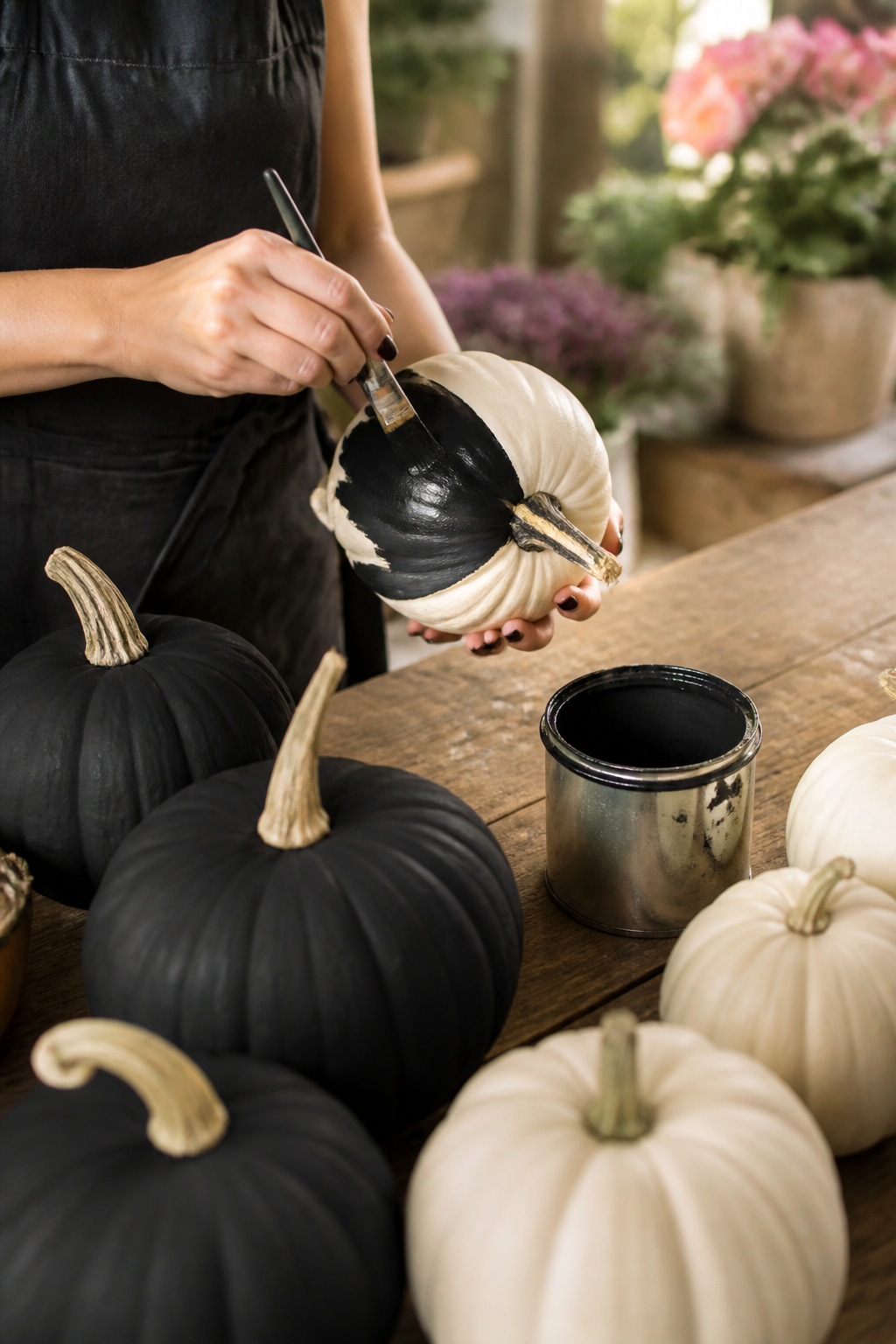 Florist painting a white pumpkin matte black on a wooden worktable