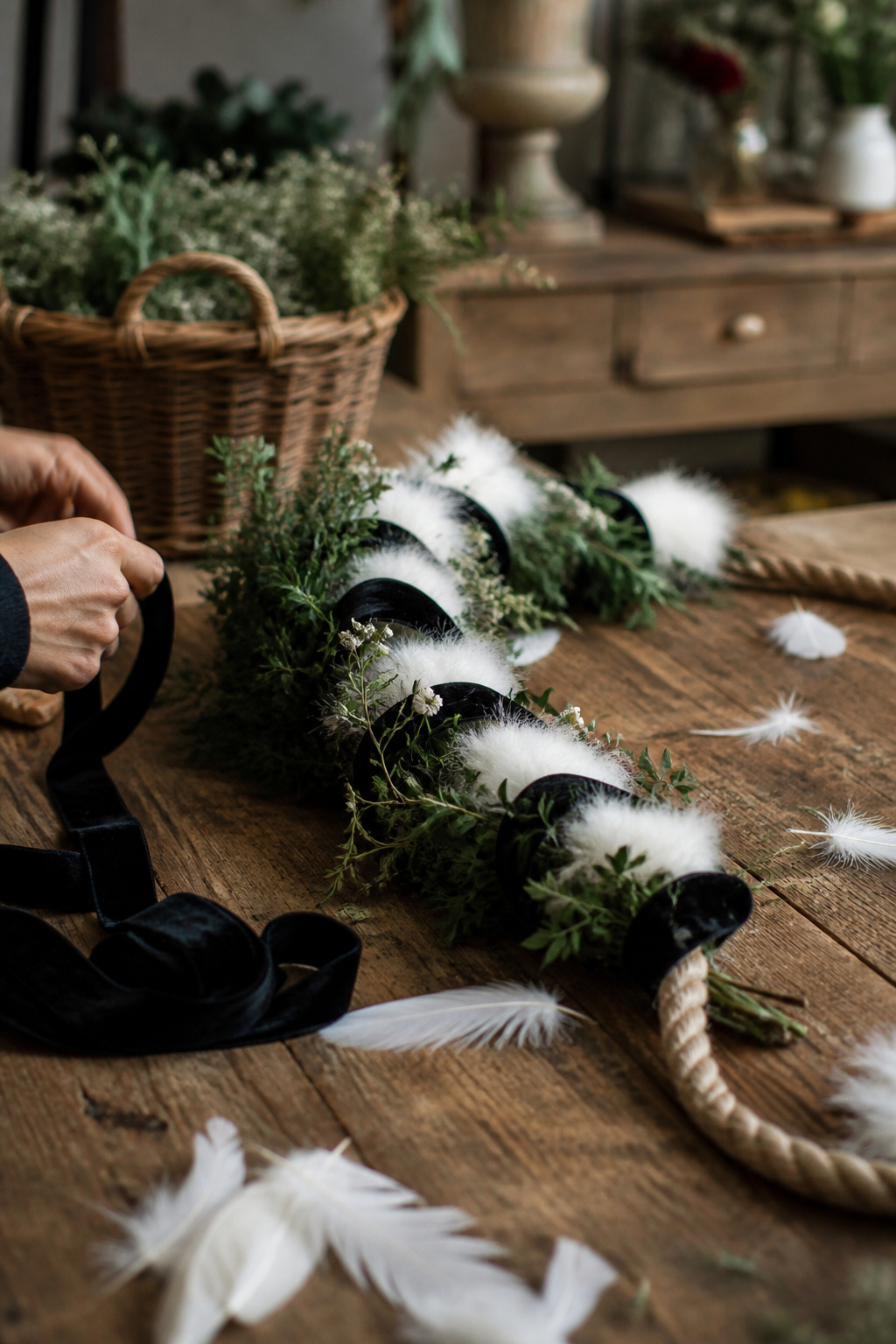 Black and white garland with velvet, batting, and feather textures on a worktable