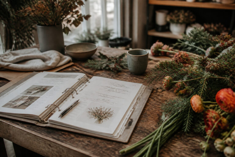Wedding planning binder and cold-hardy flowers on a florist's worktable in autumn light