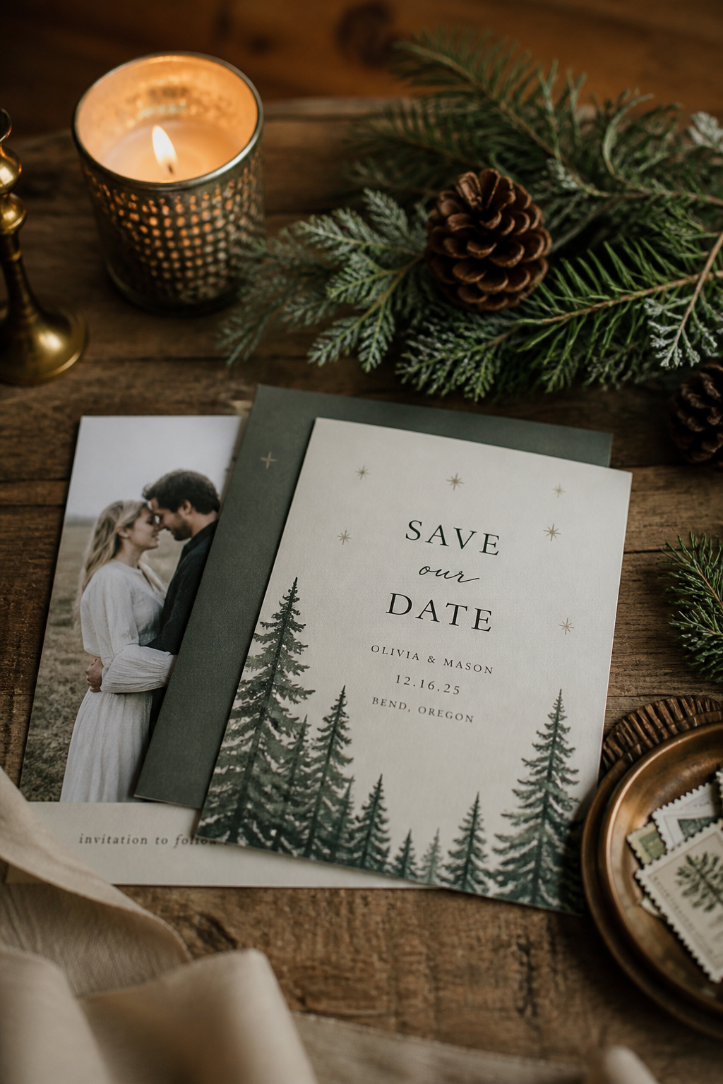 Wedding save-the-date cards next to holiday greenery on a wooden table