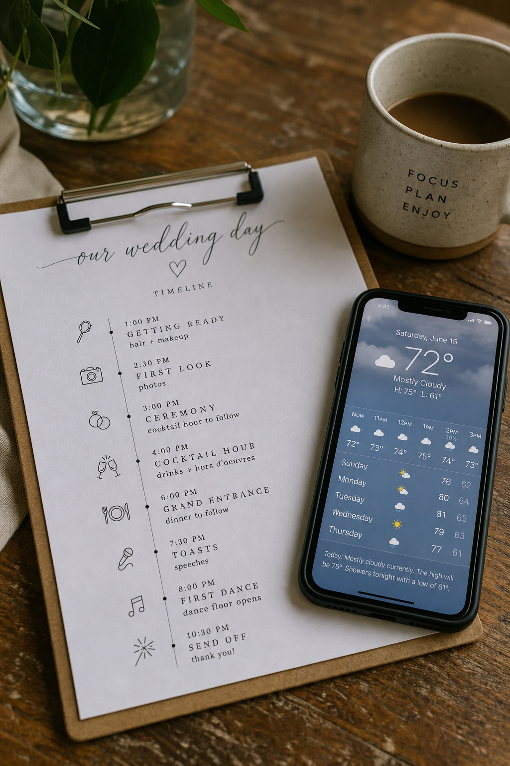 Coordinator's printed wedding day timeline next to a phone showing a weather forecast