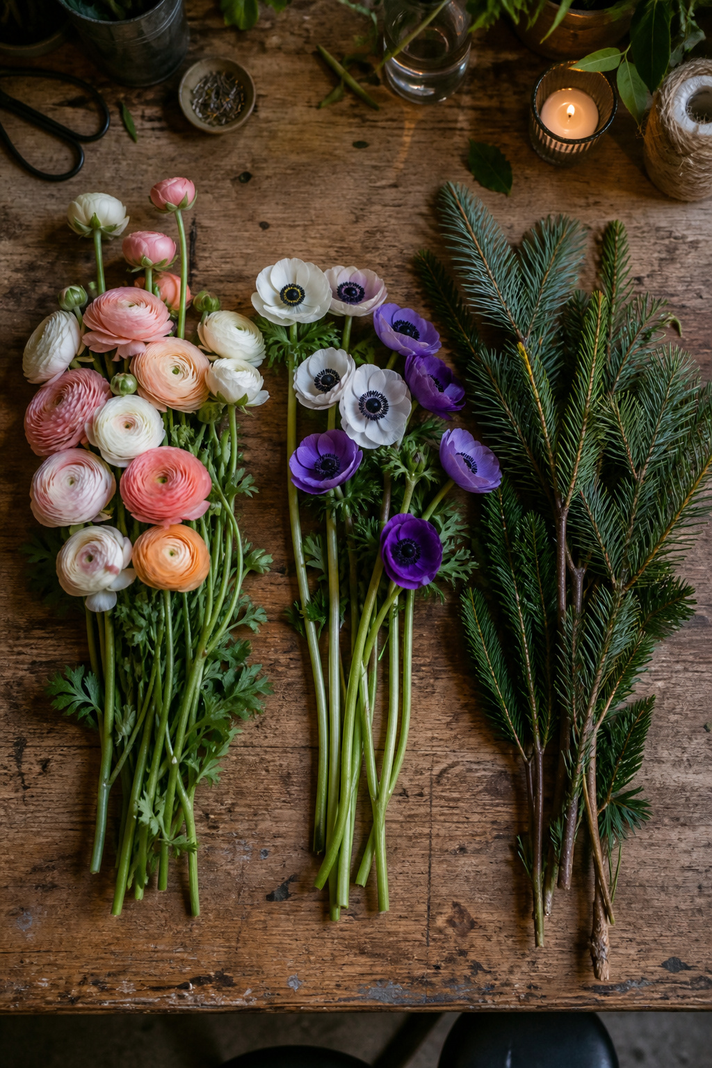 Ranunculus, anemones, and evergreen stems laid out on a florist's worktable