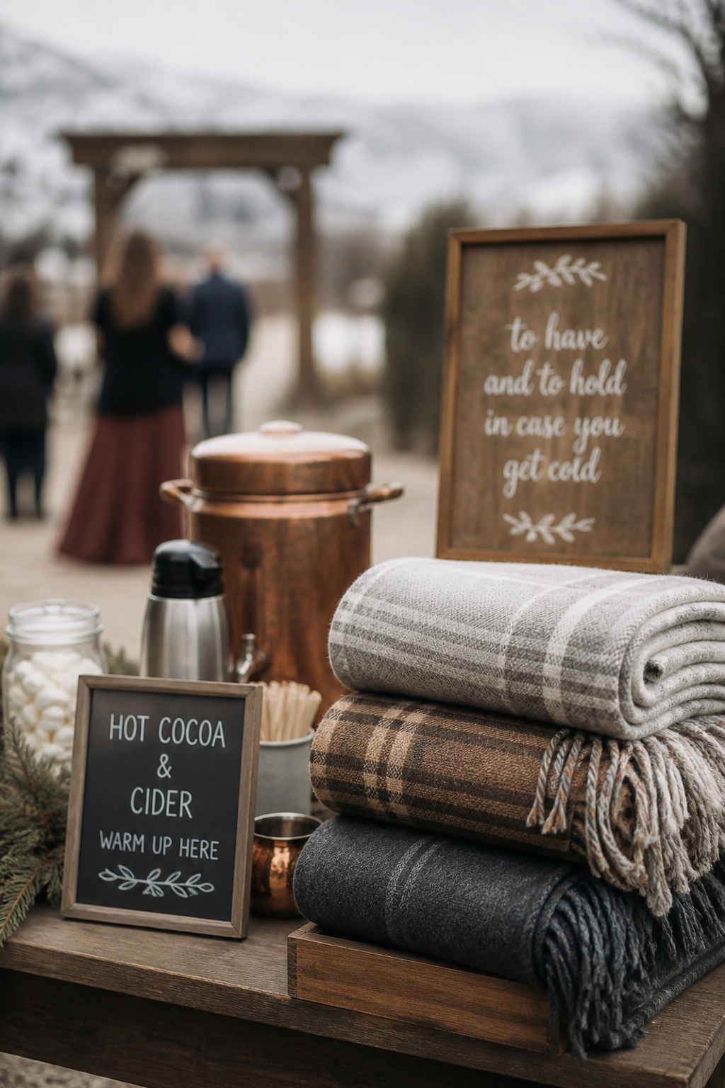 Folded blankets and a hot cocoa station set up near an outdoor wedding ceremony entrance