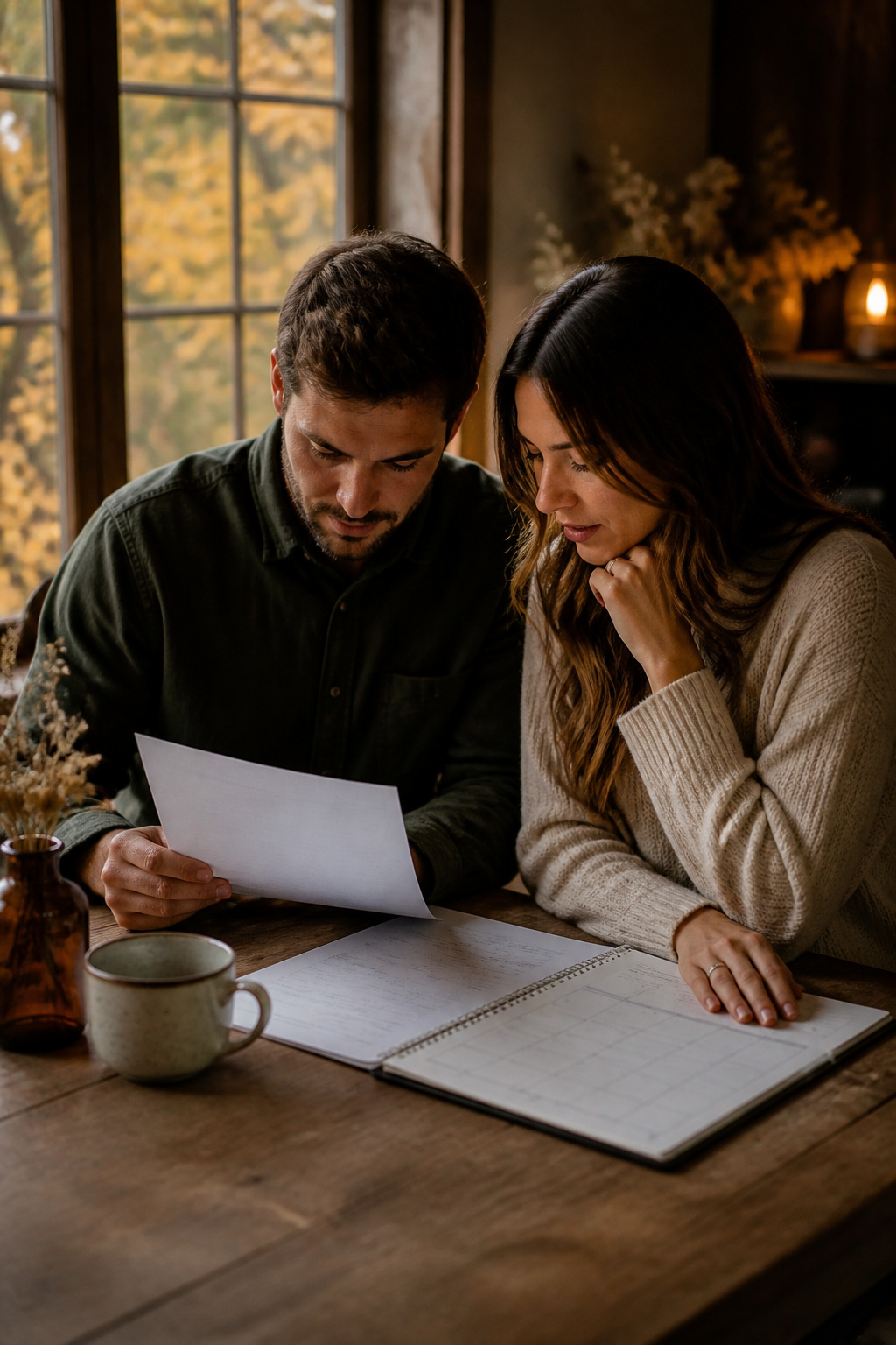 Couple reviewing a calendar and venue contract at a wooden table with autumn light