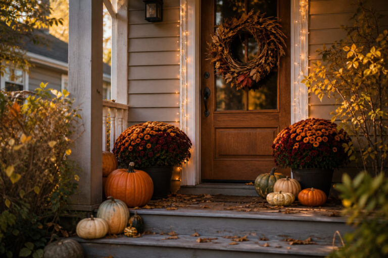 Small front porch decorated for fall with mums, layered pumpkins, and a foraged wreath