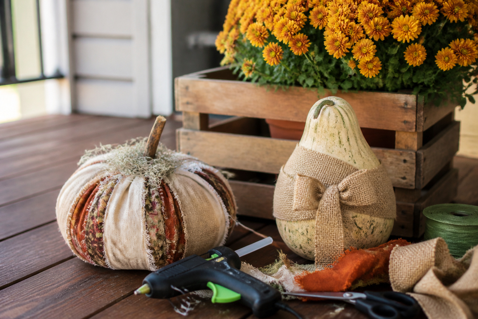 Budget-friendly DIY fall porch decor in progress with fabric pumpkins, burlap ribbon, and a wooden crate planter