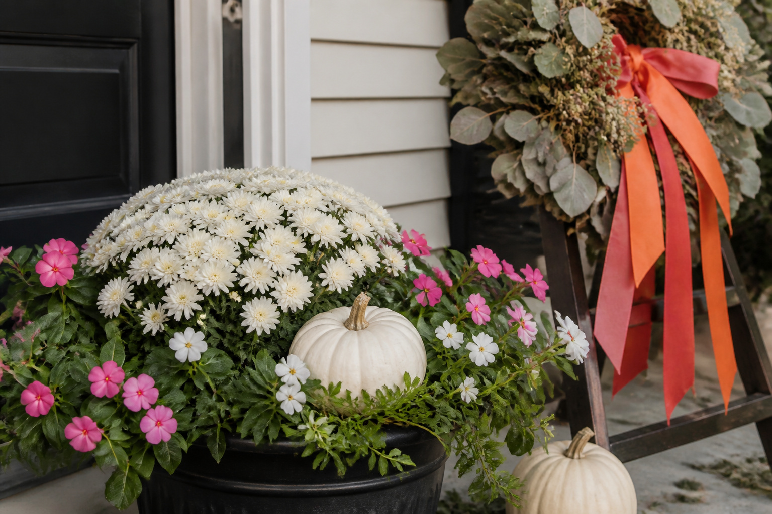 Porch planter transitioning from summer annuals to white fall mums and pumpkins