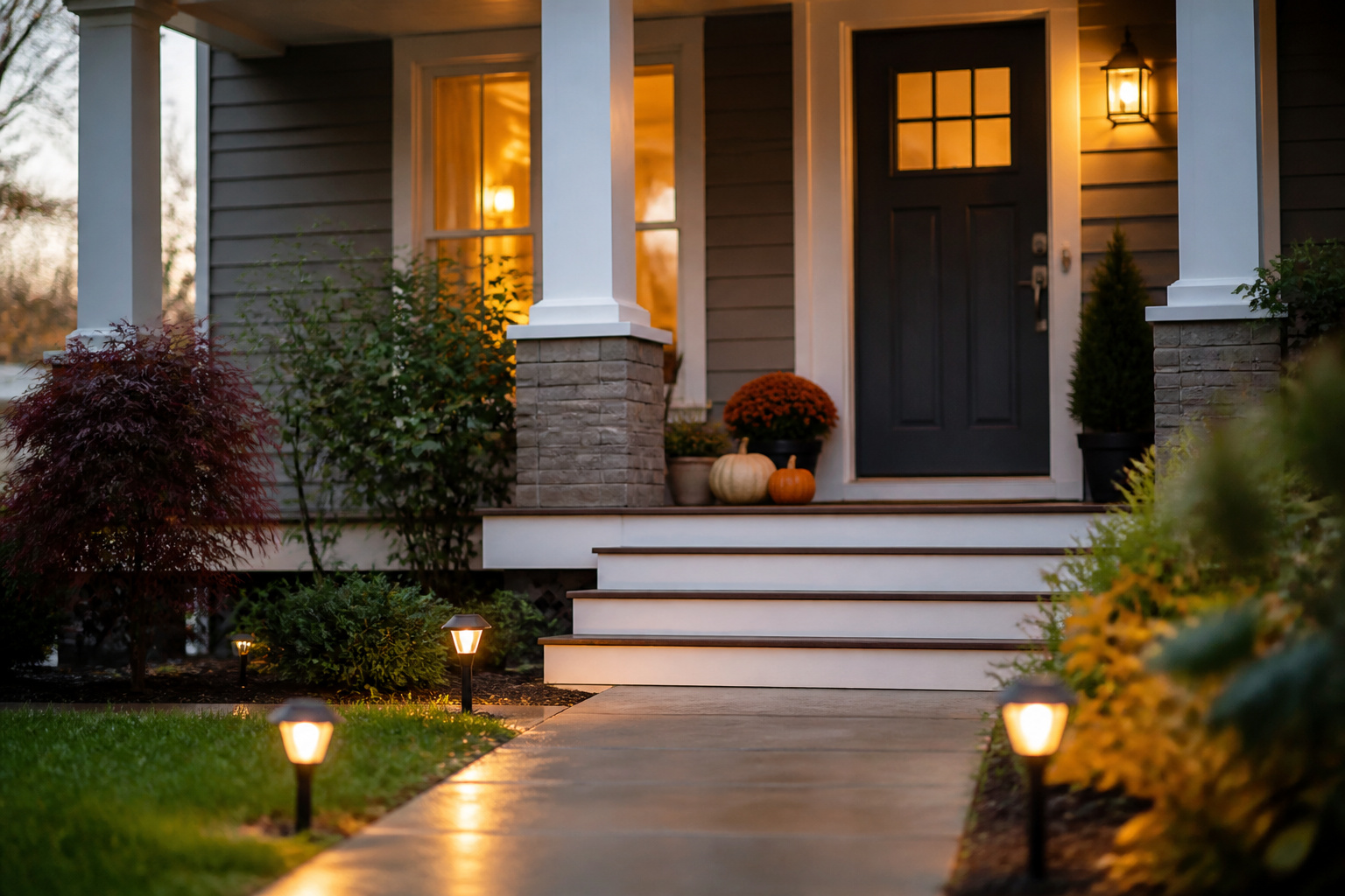 Finished fall porch at dusk with clean steps, a freshly painted door, and solar pathway lights