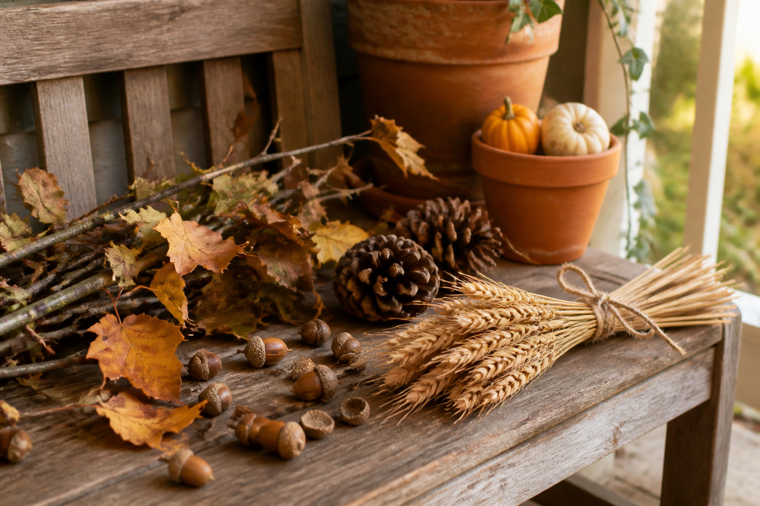Foraged branches, pinecones, and wheat stalks bundled with jute twine on a wooden porch bench