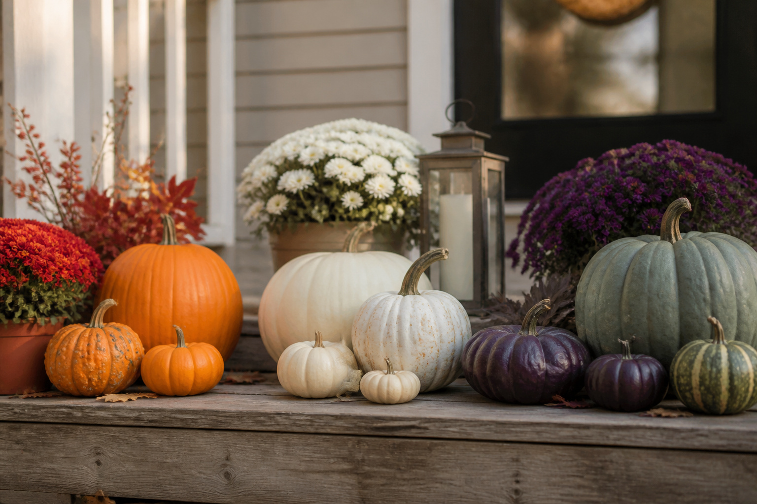 Three fall pumpkin color palette groupings, warm classic, neutral, and jewel tone accents, on a porch step