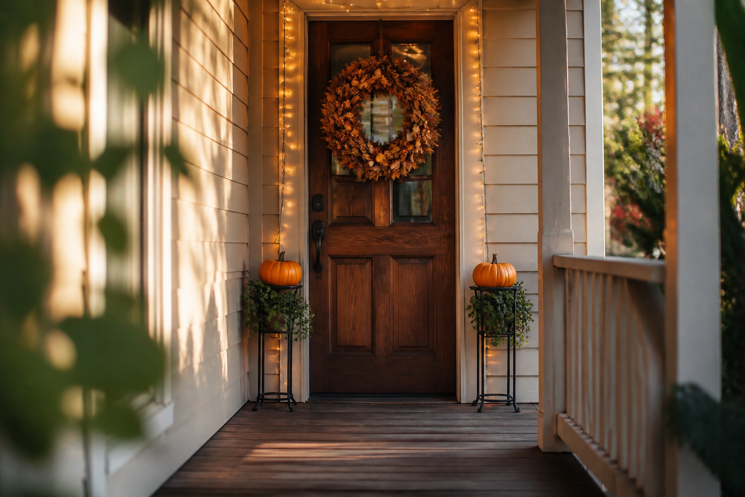Narrow front porch decorated with matching pumpkins at door height to make the space feel larger
