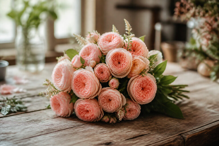 Fragrant blush garden roses arranged for a wedding bouquet