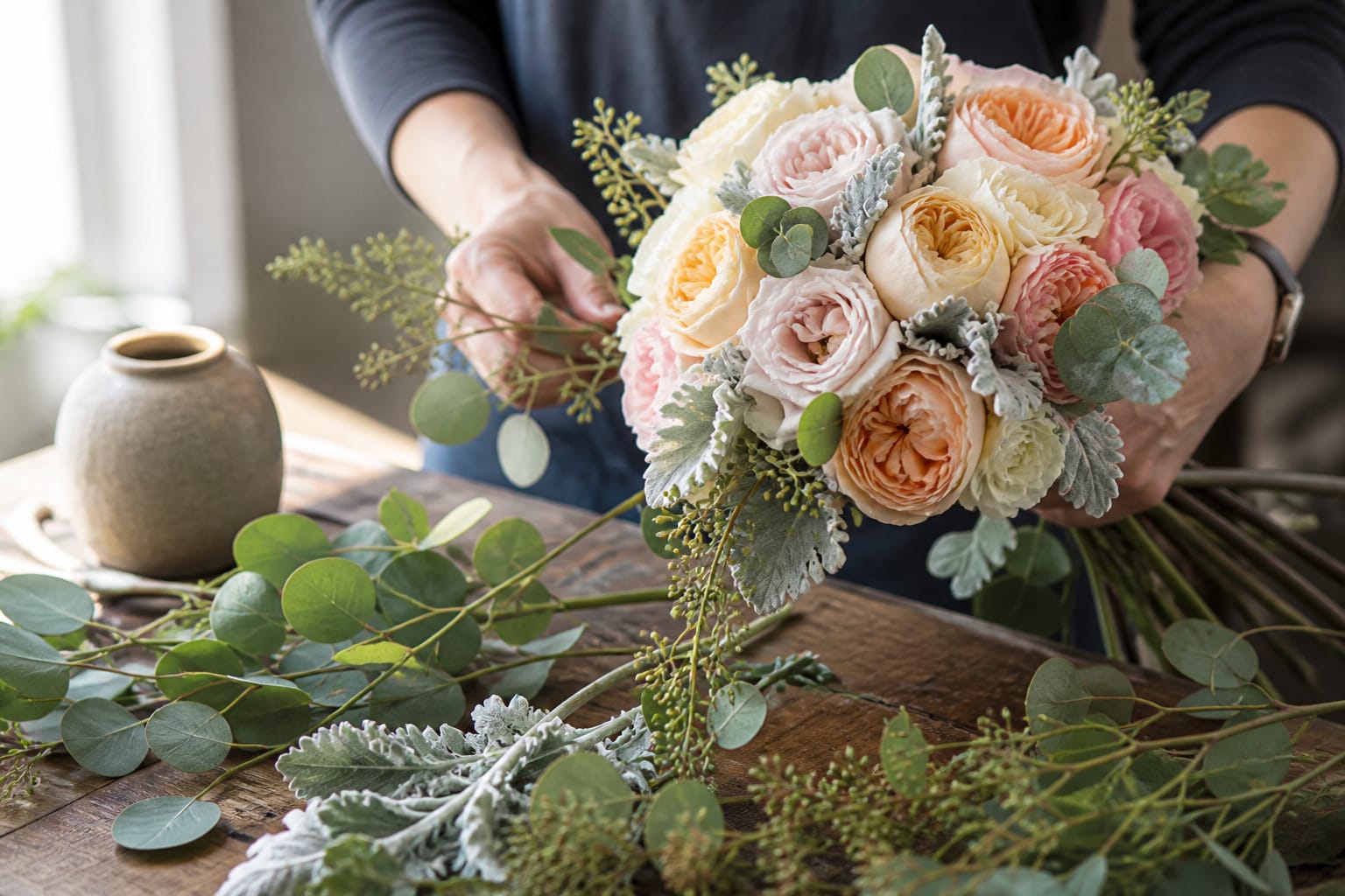 Garden roses being paired with eucalyptus and dusty miller in a bouquet