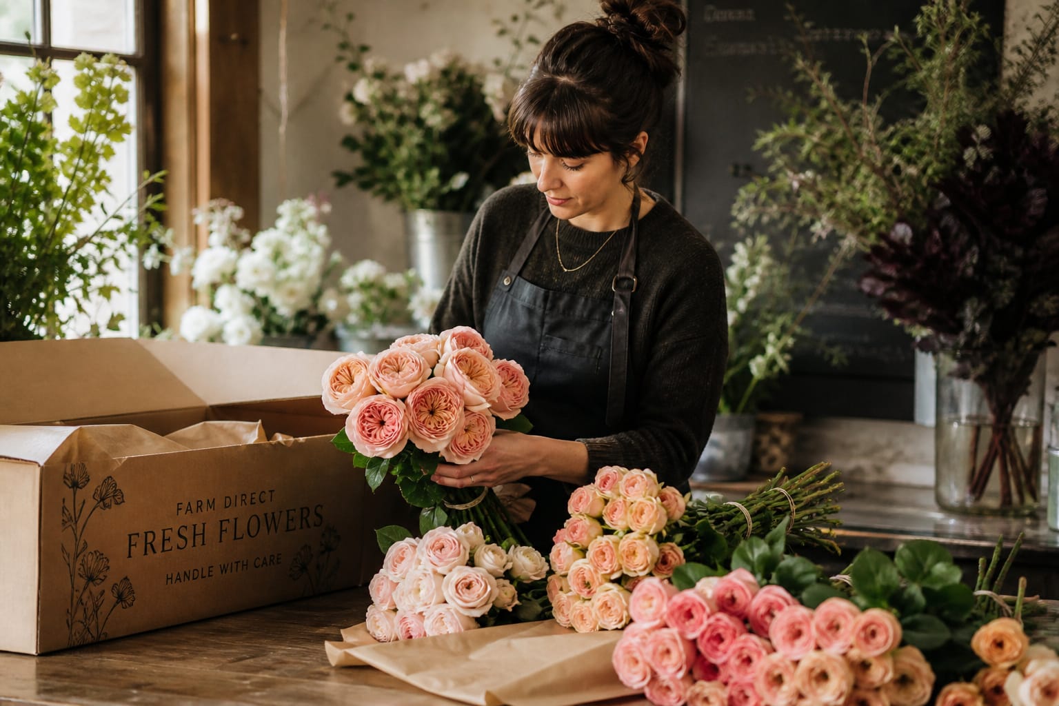 Florist unpacking a wholesale box of garden roses for a wedding order