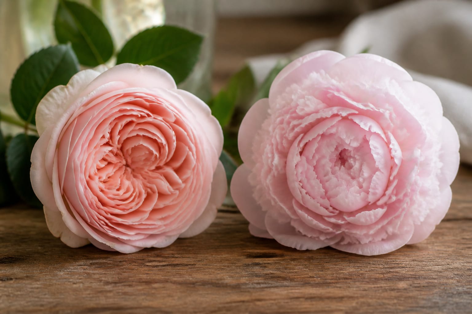 Garden rose and peony side by side showing their similar full, layered shape