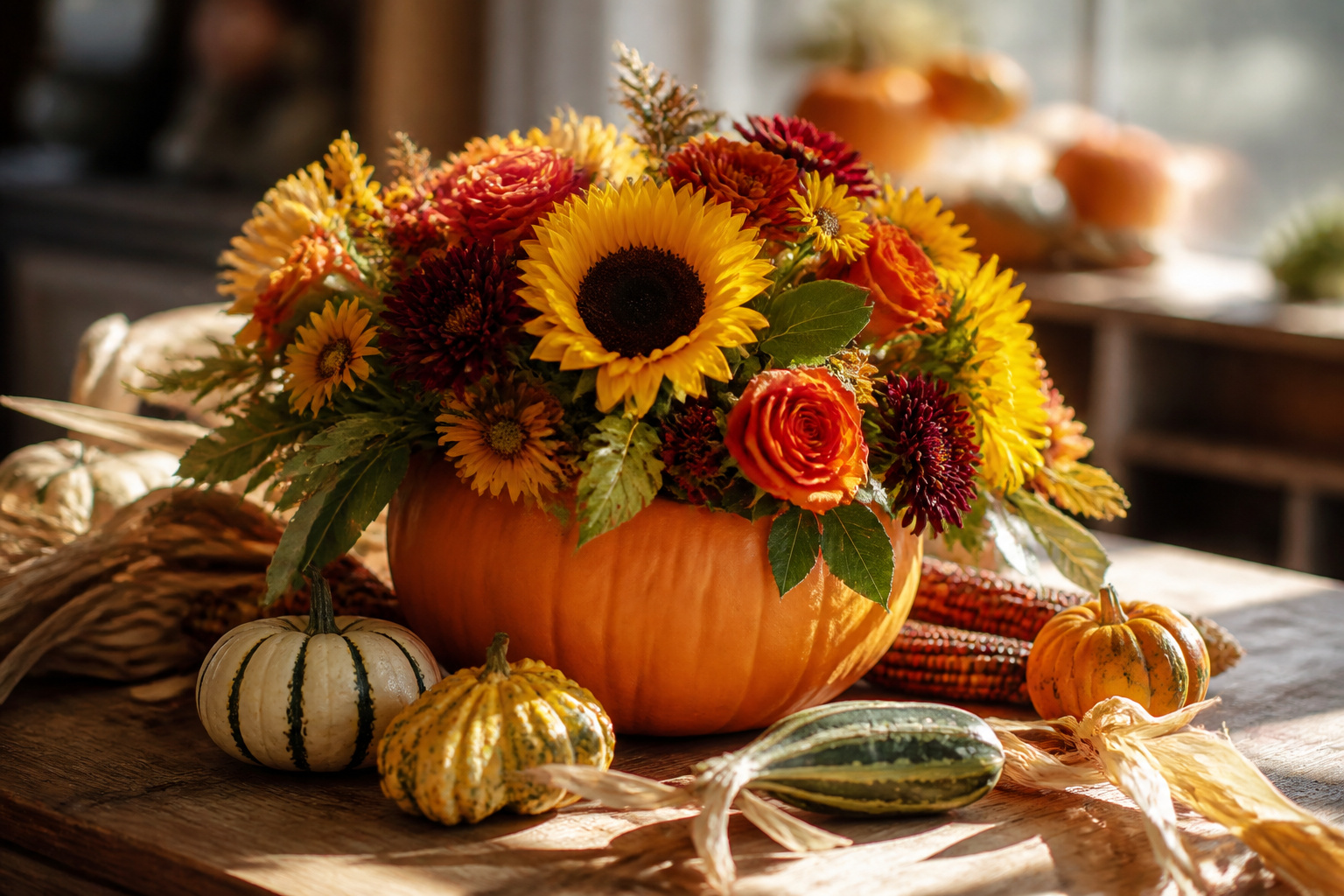 Halloween party table decorated with a pumpkin flower vase, mums, and sunflowers