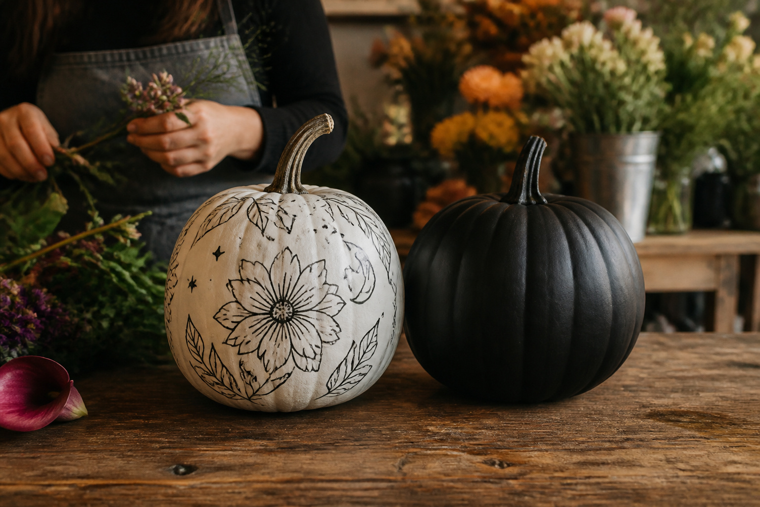 White pumpkin with marker doodles next to a black-painted pumpkin on a worktable