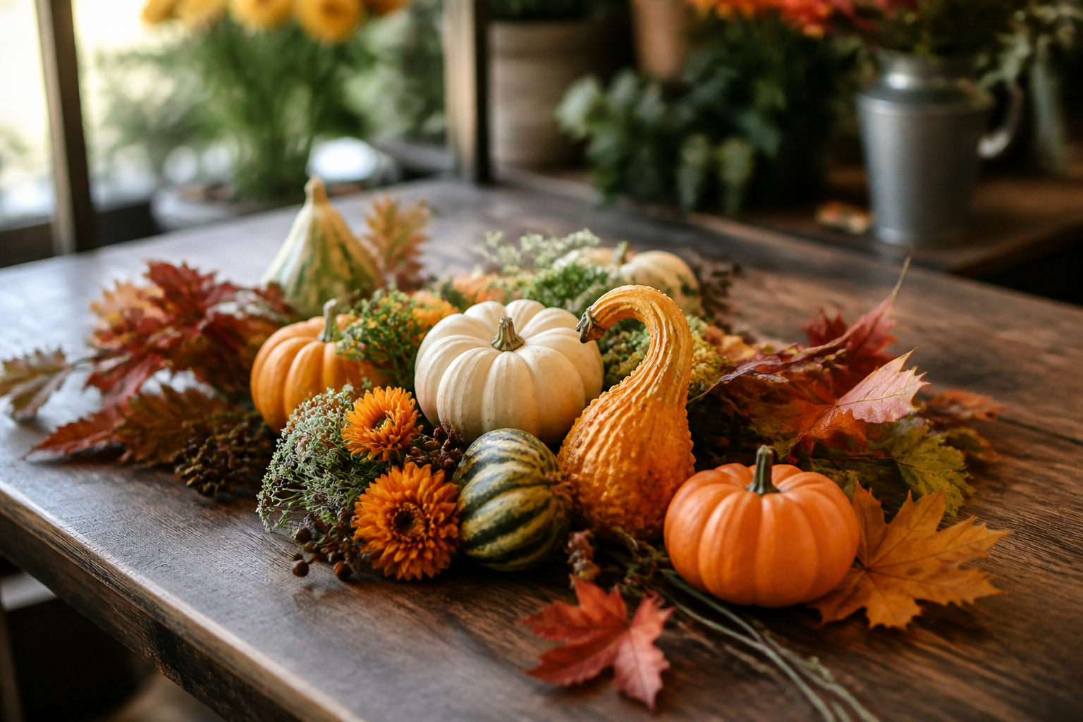 Simple centerpiece cluster of small pumpkins, gourds, and fall flowers on a table