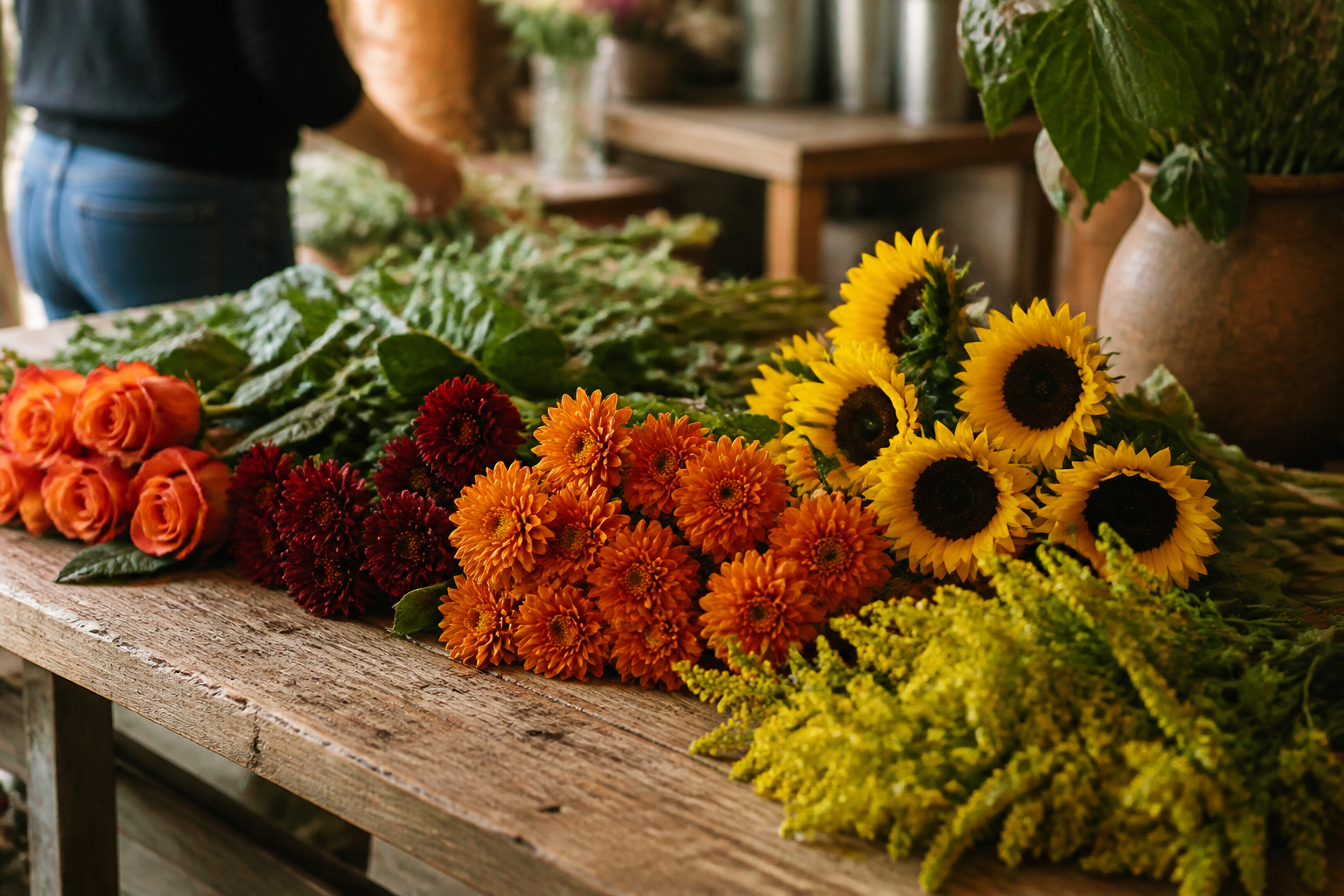 Sunflowers, mums, roses, and solidago laid out on a florist's worktable
