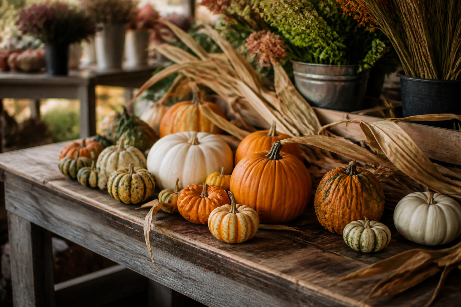 Assortment of pumpkins and gourds in different shapes and colors on a wooden worktable