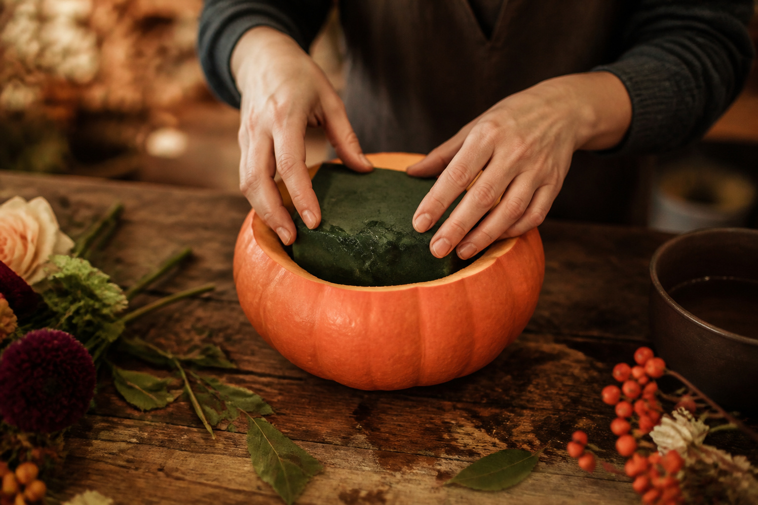 Florist packing soaked floral foam into a hollowed-out pumpkin to use as a vase