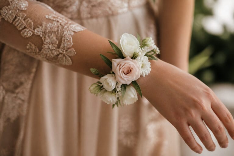 Modern prom corsage bracelet with soft white and blush flowers