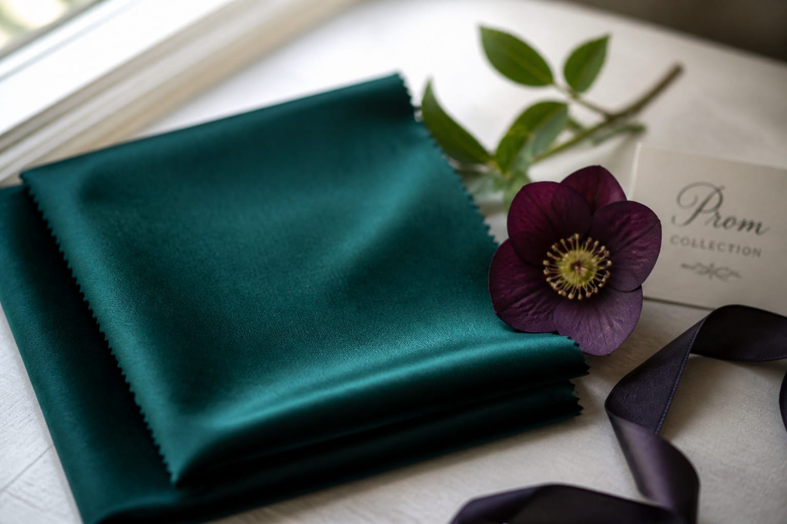 Prom dress fabric swatch paired with a coordinating flower and ribbon