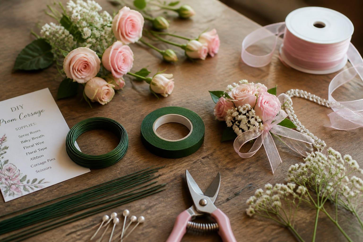 DIY prom corsage-making supplies laid out on a table