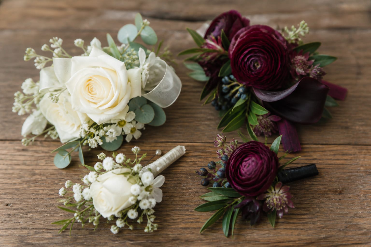 Soft neutral and bold jewel-tone prom flowers shown side by side